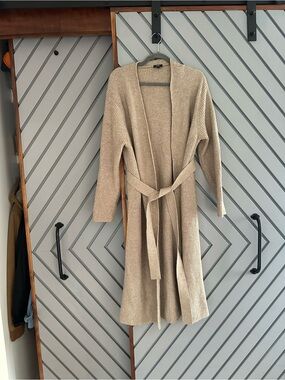 knix Beige Ribbed Tie-Waist Long Cardigan